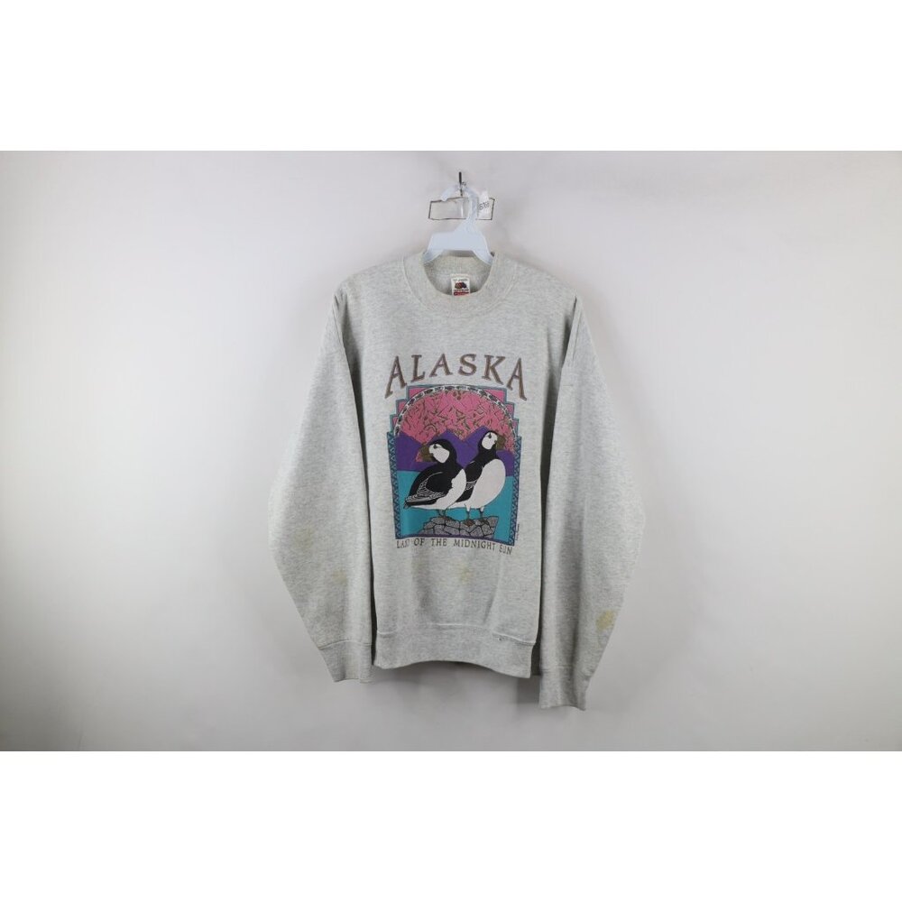 Vtg 90s Streetwear Womens L Distressed Alaska Puffins Crewneck Sweatshirt Usa